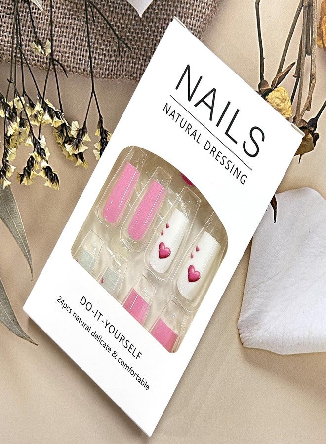 TBRZTR Pink Love Heart Valentine's Press on Nails Square Medium False Nails Pink Acrylic Nails Full Cover Stick on Nails Valentine's Nails Press Ons Artificial Glue on Nails for Women Holiday Nails - Image 4